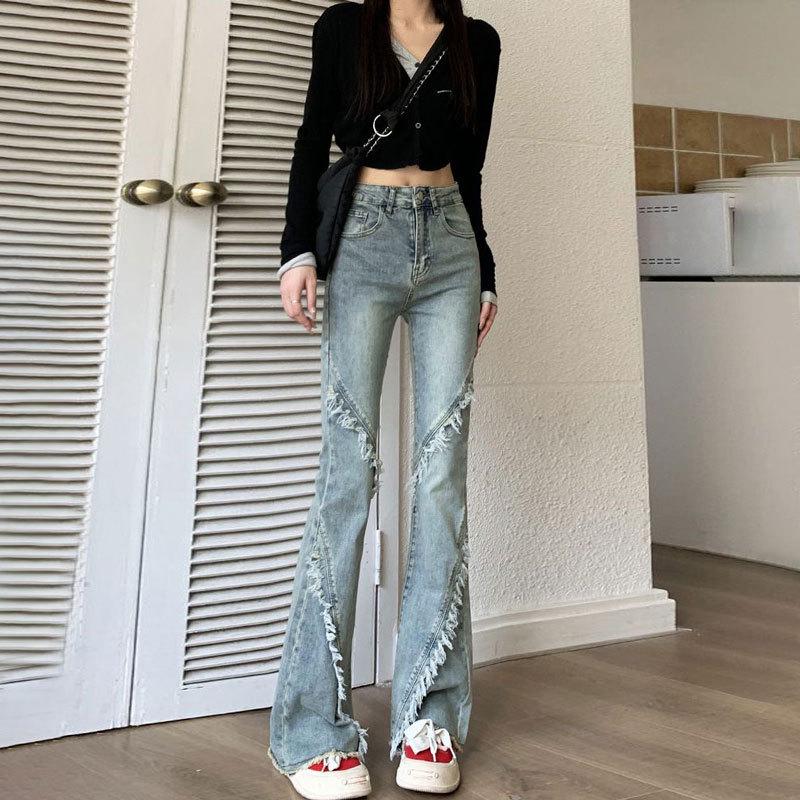 Women's High-Waisted Patchwork Flare Jeans - Retro American Style, Petite Fit, Raw Hem, Straight Leg Horseshoe Design