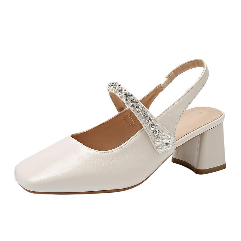 French rhinestone rear empty Mary Jane shoes women's 2025 summer new versatile thick heel high heels retro buckle sandals