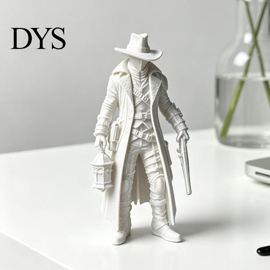 Matte Black Ornament 3D Printed Gothic Lantern Hunter Figurine, Dark Cloaked Man Statue Durable Static Figure with Cape for Halloween, Spooky