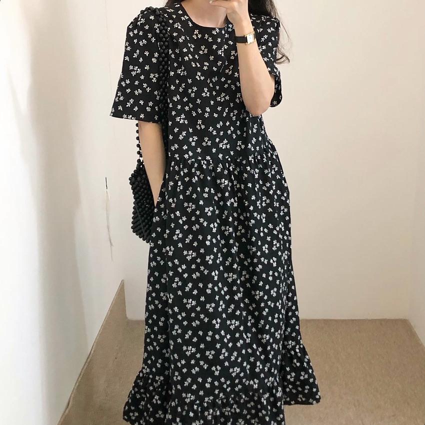 Summer lazy retro black round neck short-sleeve floral dress loose and slimming ruffled long skirt for women