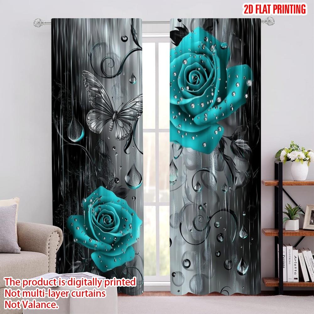 

2pcs Window Drapes Turquoise Floral Raindrops Versatile Durable Polyester,Without Electricity Family Party Decoration for 52.50 × 116.00 cm 2 pcs