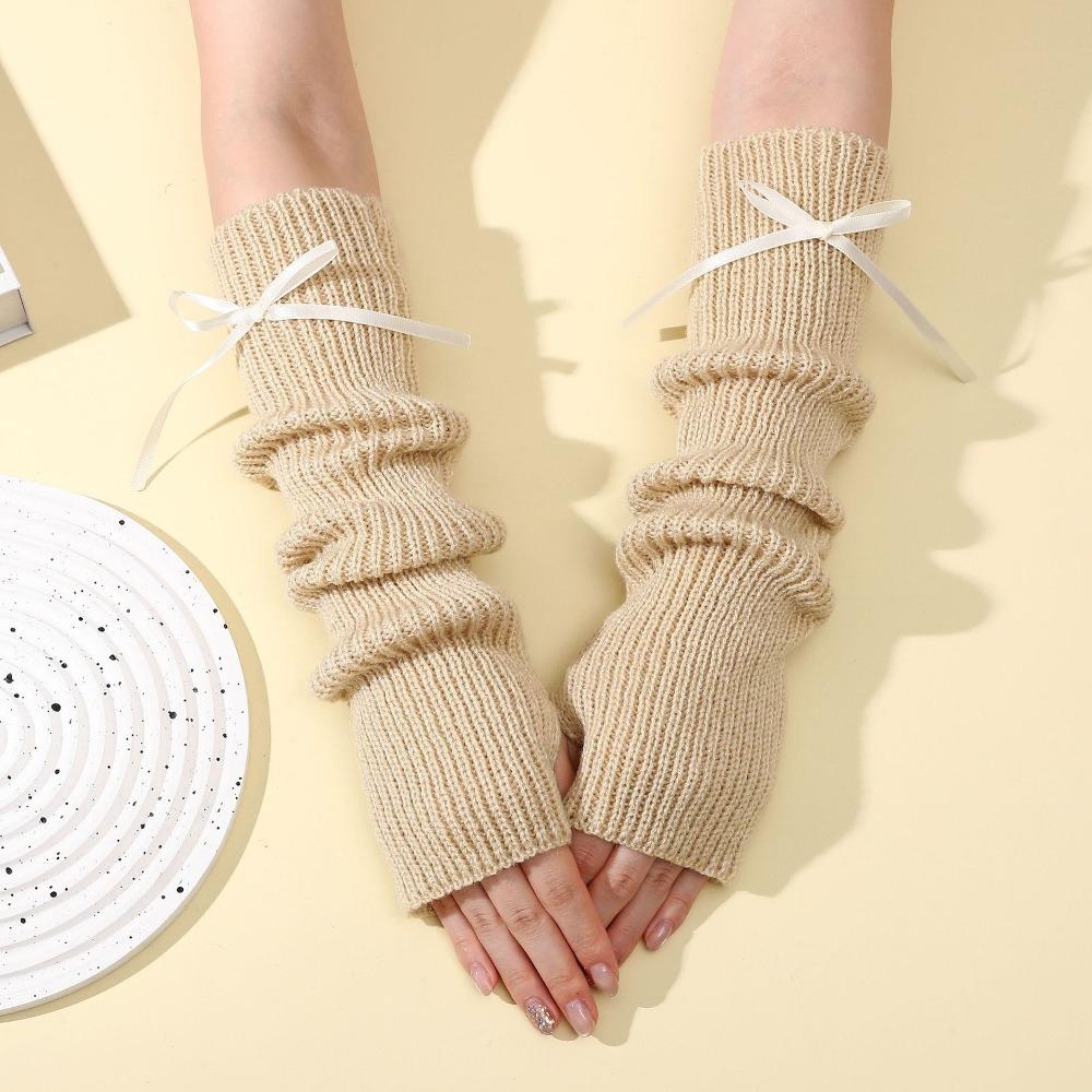 

Thicken Long Wrist Gloves Bowknot Half Finger Gloves Fashion Arm Warmers Women бежевий
