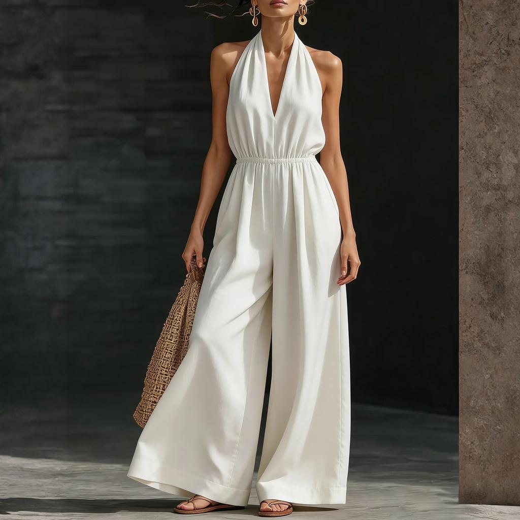 Women's V-neck Wide-leg Sleeveless Belted Long Jumpsuit