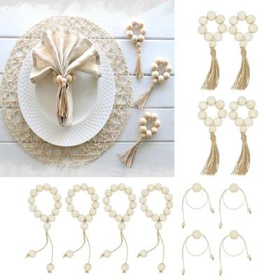 4 Piezas Anillos de Servilleta de Cuentas de Madera Natural para Bodas Decoración del Hogar