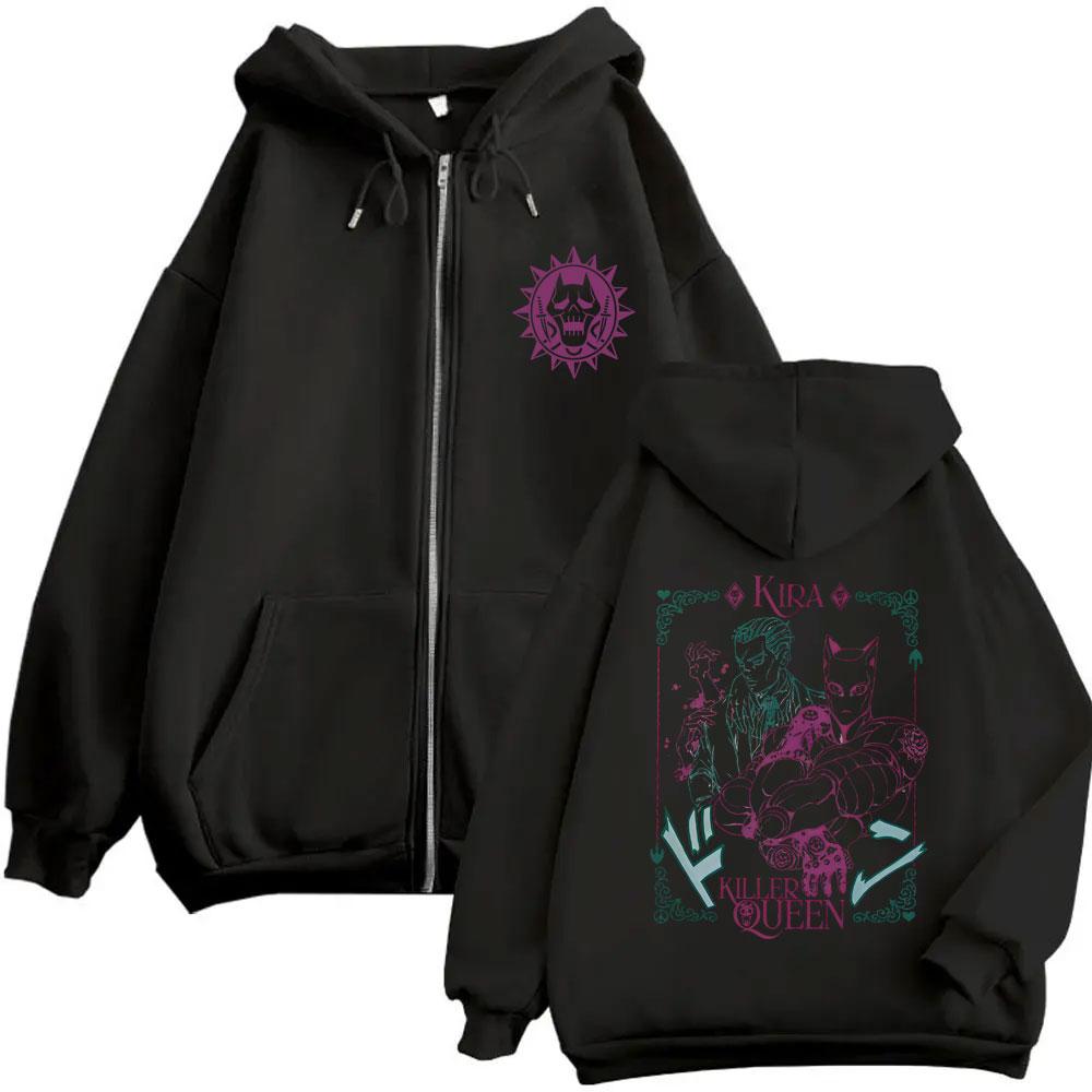 Anime Jojo's Bizarre Adventure Kira Killer Queen Zipper Hoodie Men Women Manga Casual Vintage Zip Up Jacket Male Oversized Coat