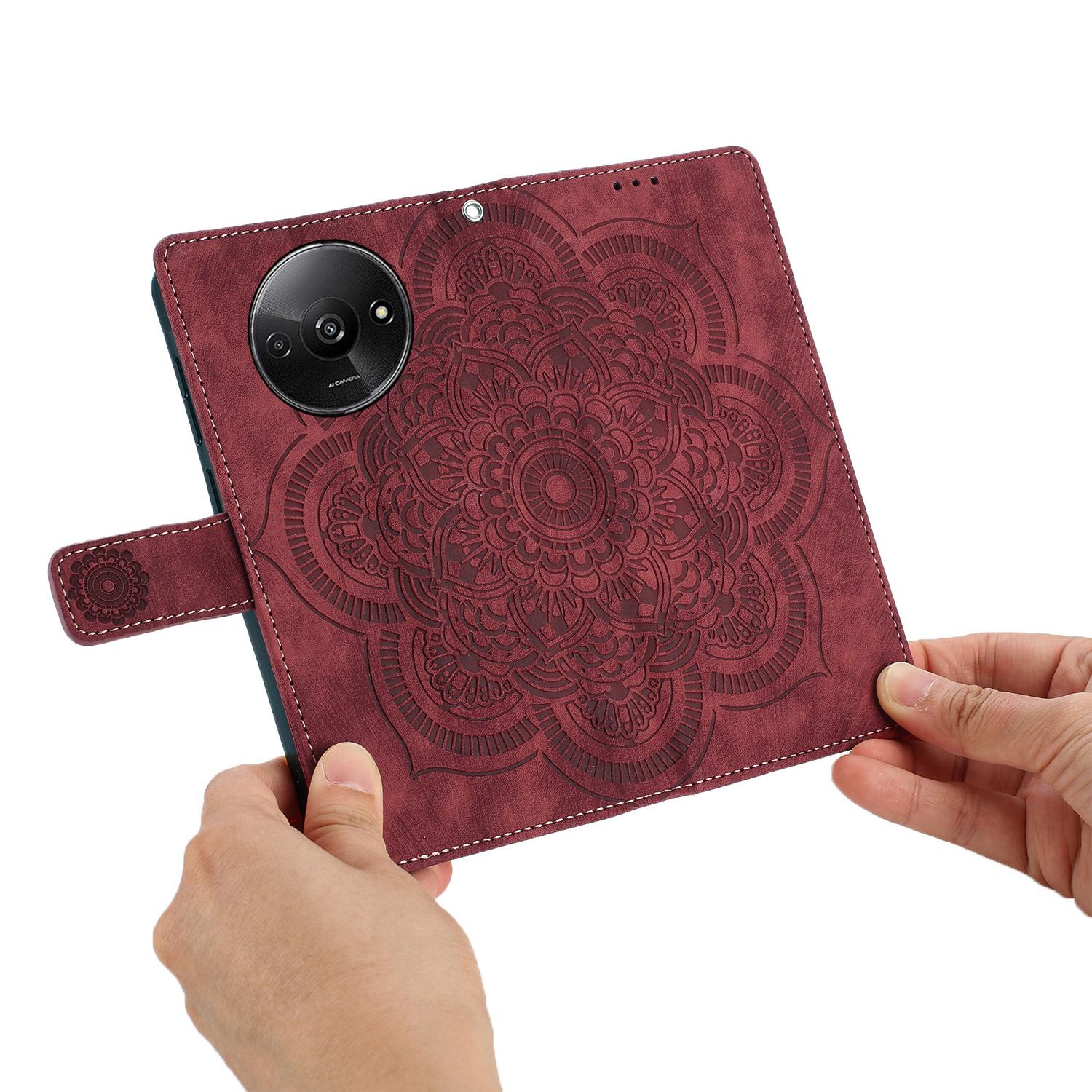Leather Book Case for Redmi A3/A3X - Magnetic Closure, Wrist Strap & Stand Function красный