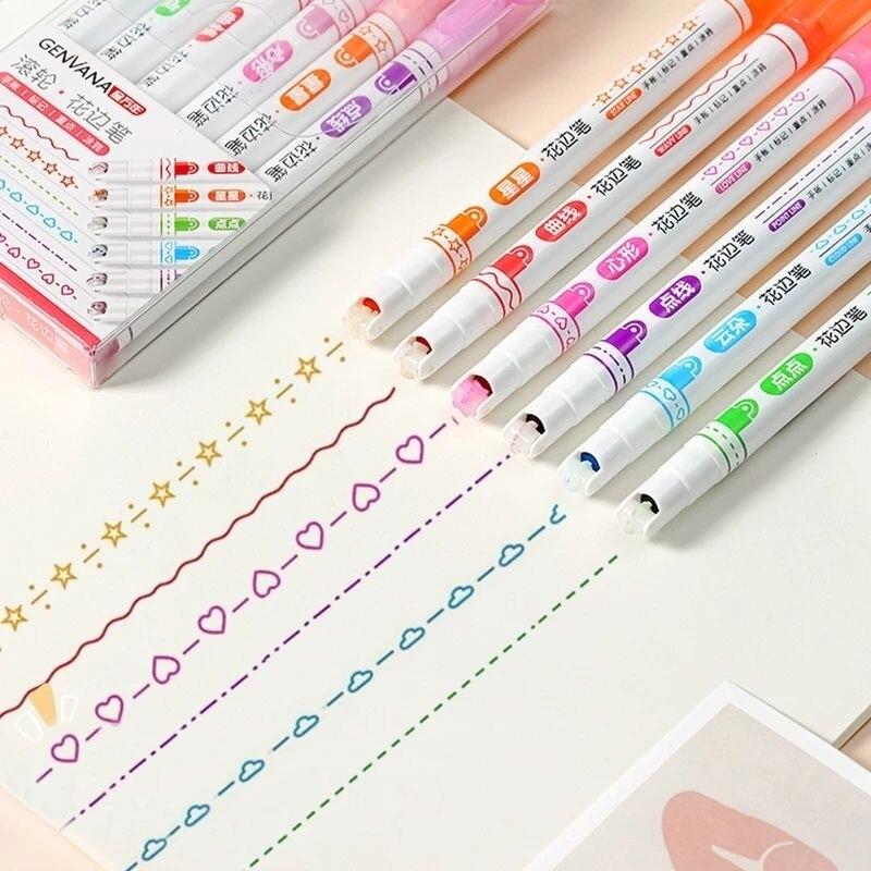 6Pcs/Set Kawaii Flowers Line Shaped Highlighter Pens Roller Tip Curve Liner Marker Writing