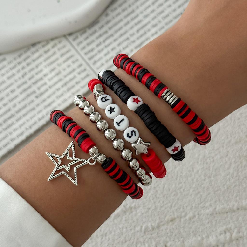 Creative Color-Block Alphabet Clay Stretch Bracelet-Stackable CCB Star Pendant Hand Jewelry Cute Daily Accessory for Fashion Lovers