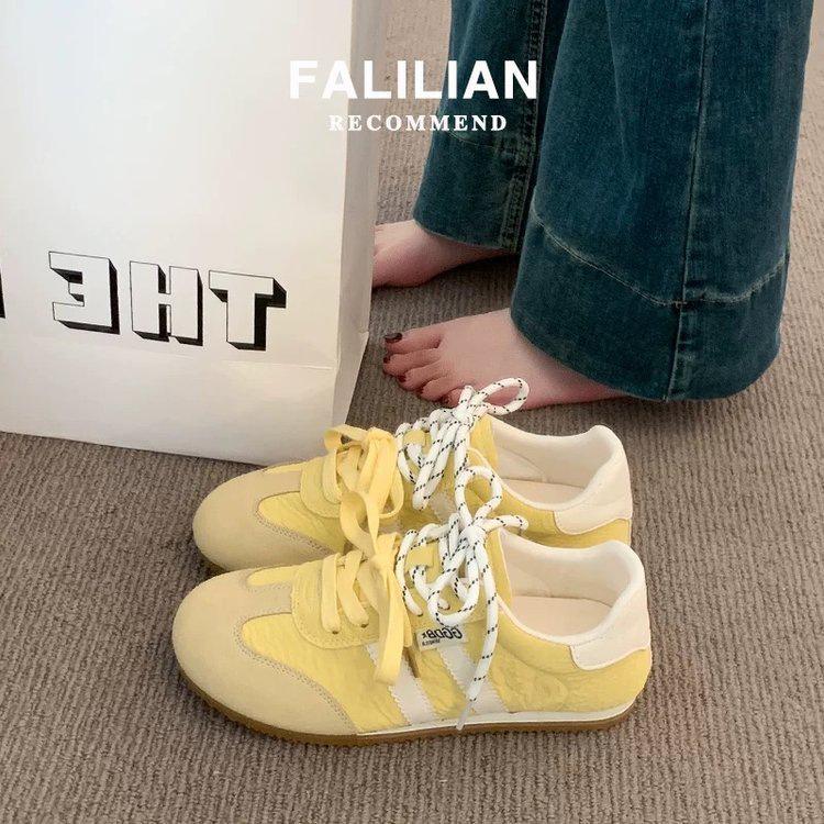 Women's Yellow Leather German Trainer Shoes: New 2025 Spring Style, Lightweight, Versatile, Thin Sole, Casual Sports Skate Shoes.