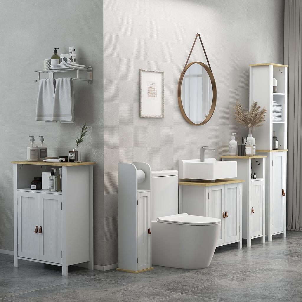 Bathroom furniture with toilet paper holder, cabinet and adjustable shelves, 20 x 20 x 80 cm, white