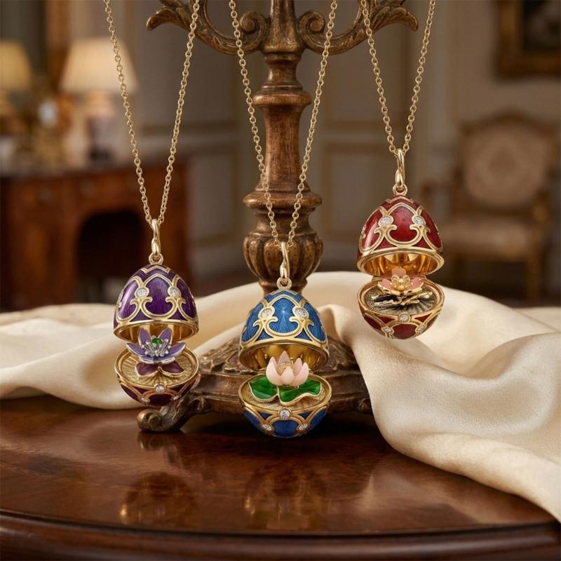 Enamel Egg Pendant Necklace with Hinged Opening, Collarbone Chain, Gold-Tone Chain, and Easter Outfit Styling for Women
