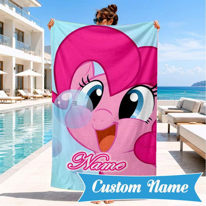 Custom Name Pony Strawberry Theme Beach Towel Microfiber Beach Towel, Lightweight and Quick-Dry, for Summer Travel, Swimming Pool Gift