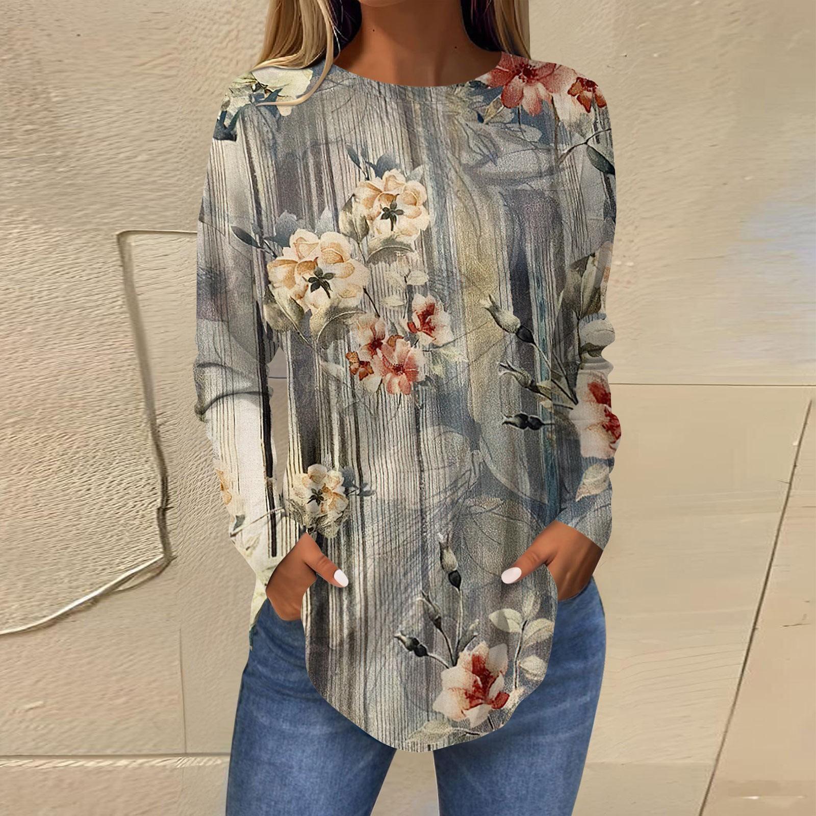 

Женская свободная футболка с длинным рукавом с круглым вырезом и принтом, верхний пуловер L бежевый