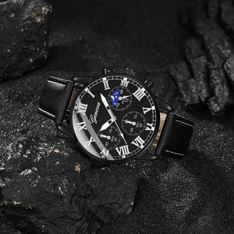 Stylish Men's Quartz Trio Watch Round Case PU Leather Strap Alloy Case Electronic Drive - 3 Piece Combination Watch