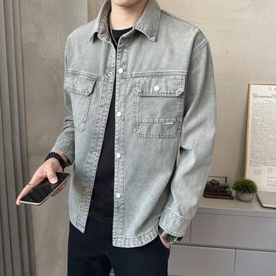 2024 New Denim Cotton Men's Shirt Long Sleeve Blue Drop Shoulder Button Pockets Cowboy Loose Casual Work Jeans Shirts