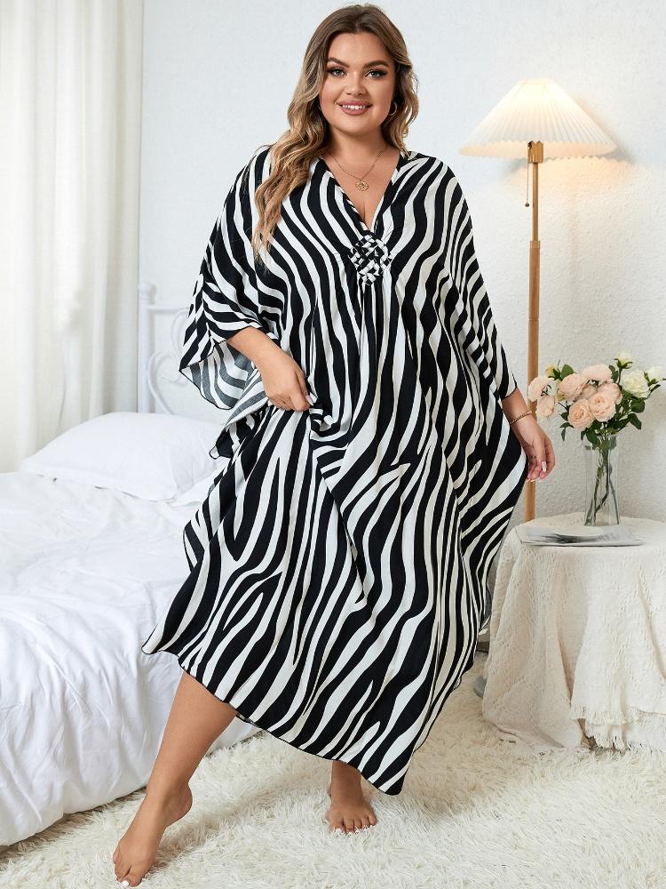 EDOLYNSA Schicker gestreifter Kaftan Strandkleid Damen Homewear übergroßer Kaftan frisches Kleid frisches Kleid Hausmantel Q1297