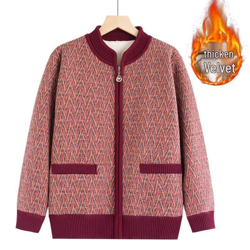 

Stylish Plus Size Fleece-Lined Jacket for Middle-Aged & Elderly Moms - Autumn/Winter Warm Cardigan 3XL (Suitable for 150-180 jin)