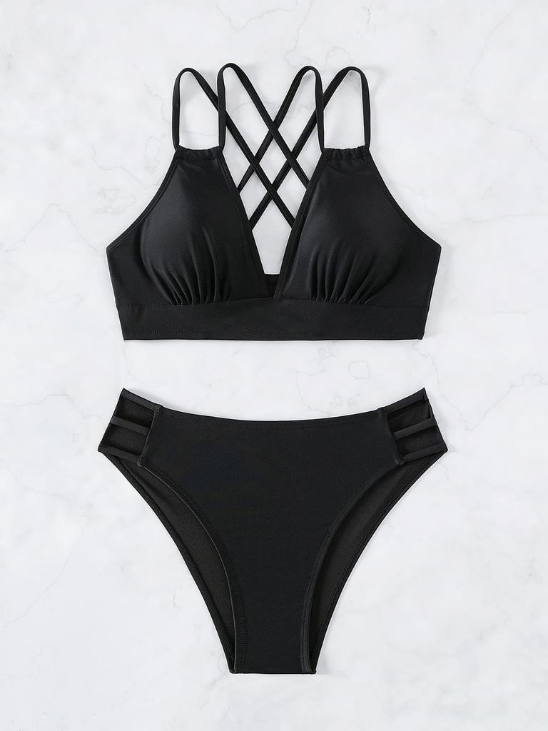 2025 V-neck Sexy Solid Color Backless Bikini - European & American Style Two-piece Swimwear