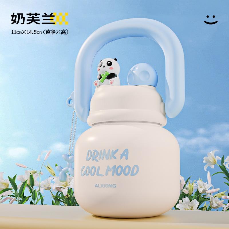 Children s double drink big belly thermos cup Boys and girls cute portable straw water cup with handle 650ml