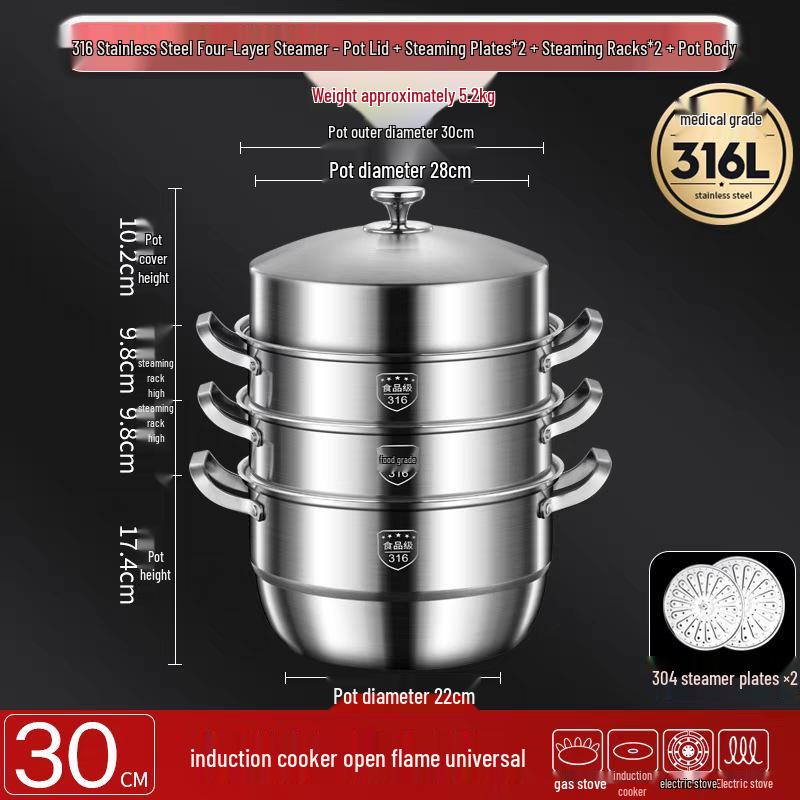 316 Stainless Steel High-Rise Steamer Pot, Extra Thick, Food-Grade, Large Capacity, Versatile 3-4 Layer Soup Pot