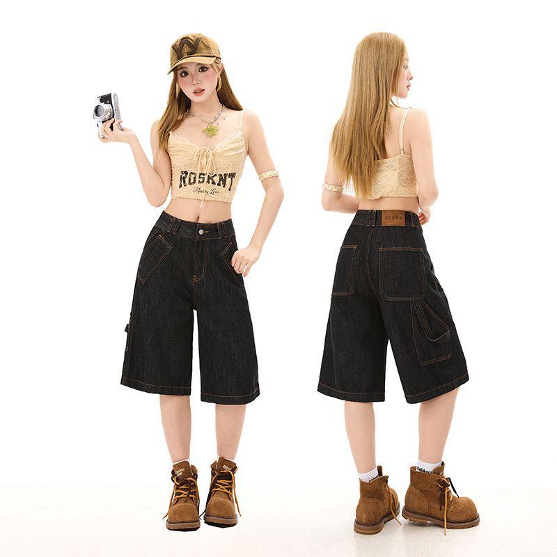 Fashion Summer Vintage Cargo Wide Leg Denim Cropped Capri Pants Loose Straight Trendy Slimming Functional Design