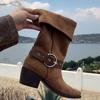 2025 New Retro Thick Heel Western Pile Boots Wide Tube Medium Tube Boots Pointed Belt Buckle Suede Knight Short Boots Women