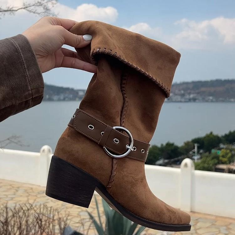 2025 New Retro Thick Heel Western Pile Boots Wide Tube Medium Tube Boots Pointed Belt Buckle Suede Knight Short Boots Women