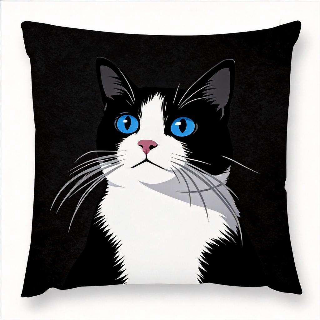 Realistic Black  White Cat Pillow  Cushion Cover Pc  HD Portrait with Green Eyes Modern Decor for Sofa or Bedroom