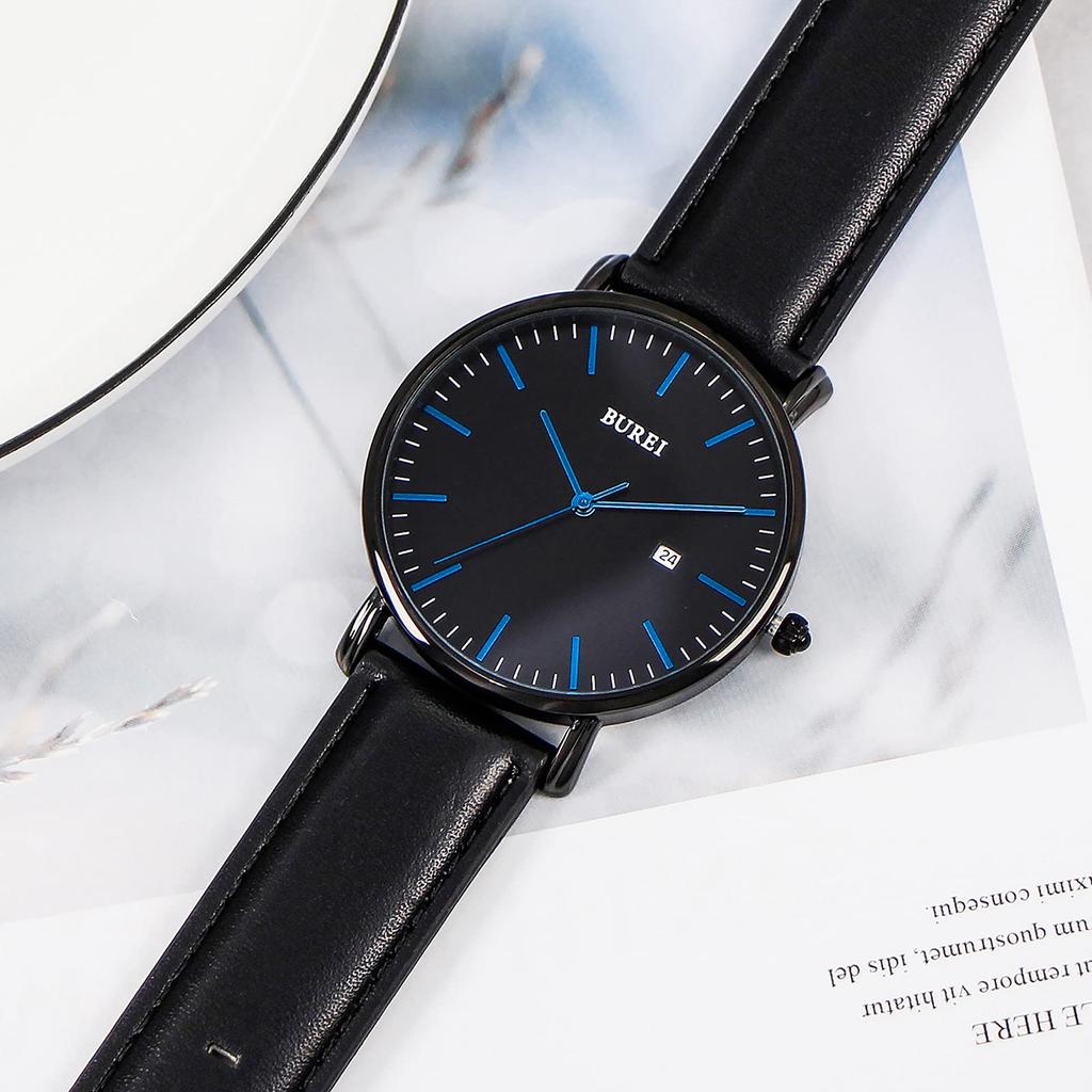 BUREI Men's Leather Watch, Simple and Stylish, Waterproof, Analog, Popular, Date Display, Business, Brand, Gentleman, Slim, Men's Watch G