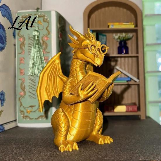 Whimsical Desk Accessory Reading Dragon Figurine with Glasses Statue 3D Printed Lover Gift Bookshelf Decor Desktop Ornament for Book Lovers