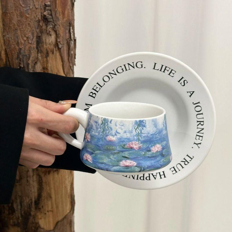 Tazza da Caffè e Sottotazza Set Gigli d'Acqua Pittura Famosa Monet Tazza da Latte Latte per Tè Pomeridiano Tazza in Ceramica Retro
