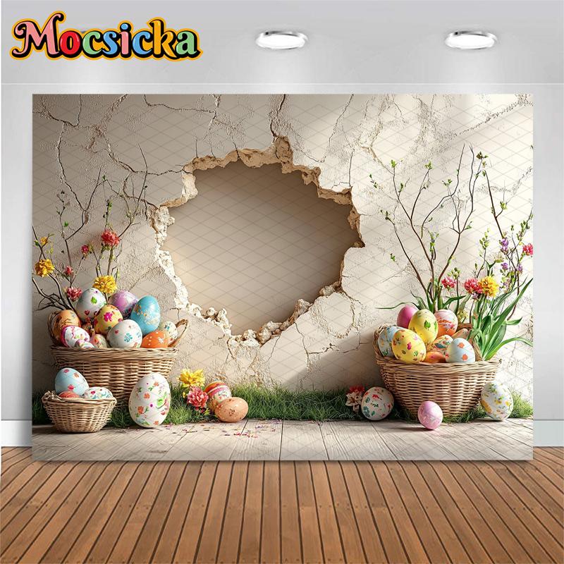 Mocsicka Art Wall Hole Photography Background Easter Egg Spring Flower Portrait Backdrop Birthday Decoration Photo Studio Banner