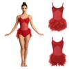 Women Latin Rumba Dance Leotard with Fuzzy Feather Skirt Glitter Rhinestones Sheer Mesh Sling Bodysuit for Tango Cha Cha Stage Performance