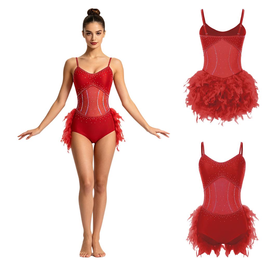 Women Latin Rumba Dance Leotard with Fuzzy Feather Skirt Glitter Rhinestones Sheer Mesh Sling Bodysuit for Tango Cha Cha Stage Performance