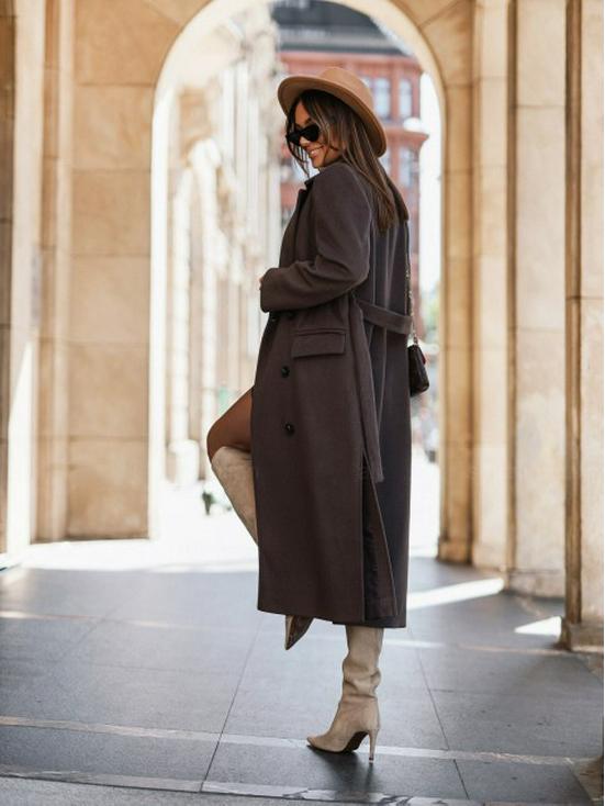 Dam 2023 Höst/Vinter Ullkappa - Långärmad, Kavajkrage, Knytförslutning