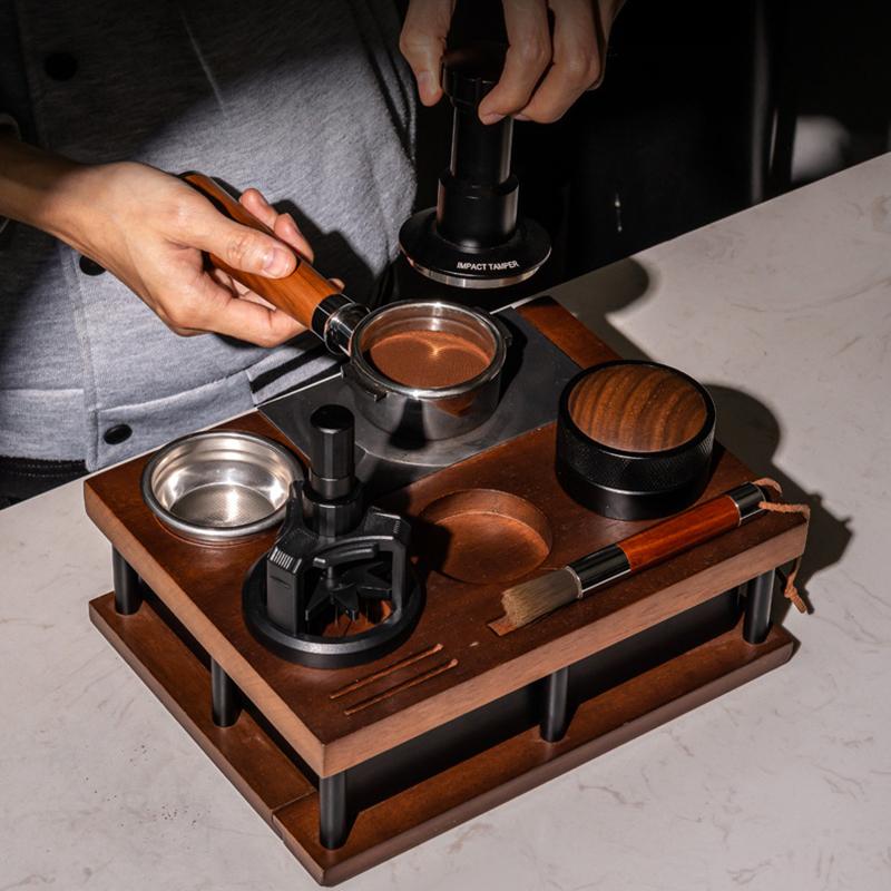 JUSTINLAU 51-58MM Coffee Tamper Station Stand Wooden Coffee Organizer Box for Portafilter Distributor&Puck Screen Coffee Tools