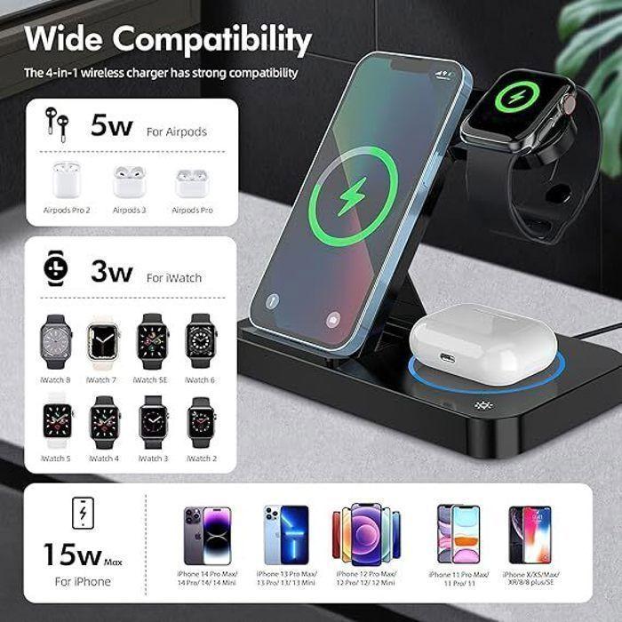 4-in-1 Wireless Charger - Compatible iPhone 14/13/12/11 - 15W Fast Charging - Foldable - Qi Certified