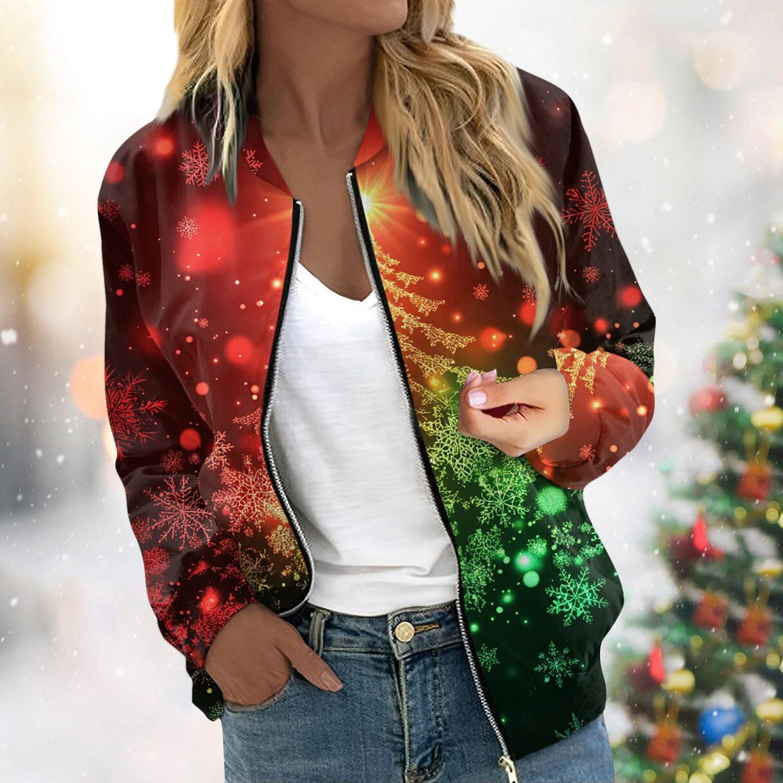 

Жіноча легка куртка з принтом і довгими рукавами на блискавці, повсякденна стьобана куртка з кишенями, новорічна XL червоний