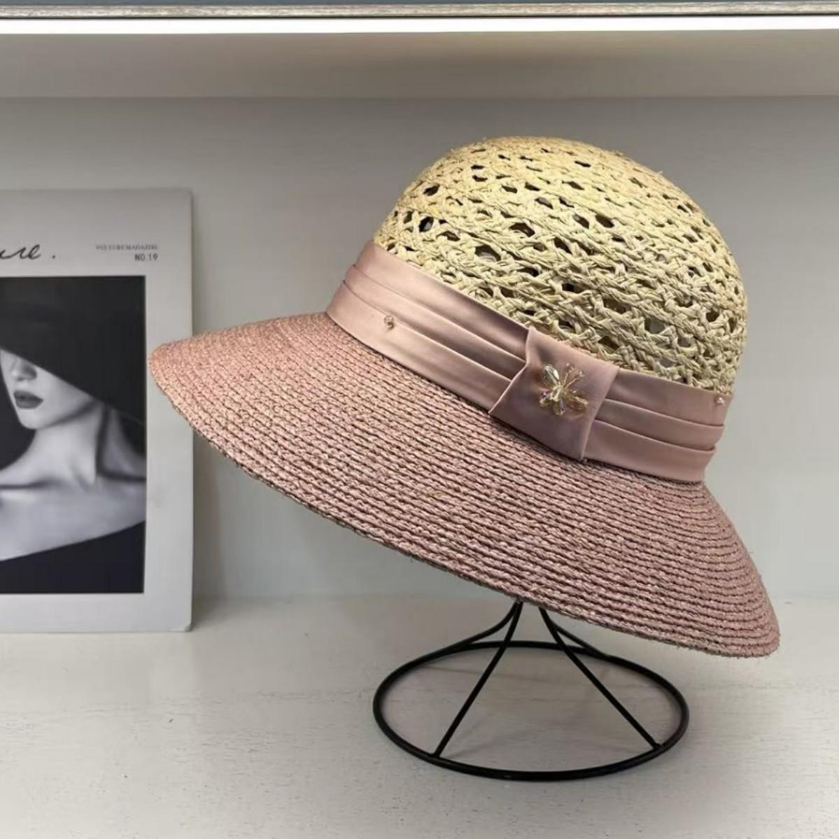 

2026 French hollow raffia big edge dome straw hat women s summer beach sun protection hat temperament bucket hat M（55-58cm）