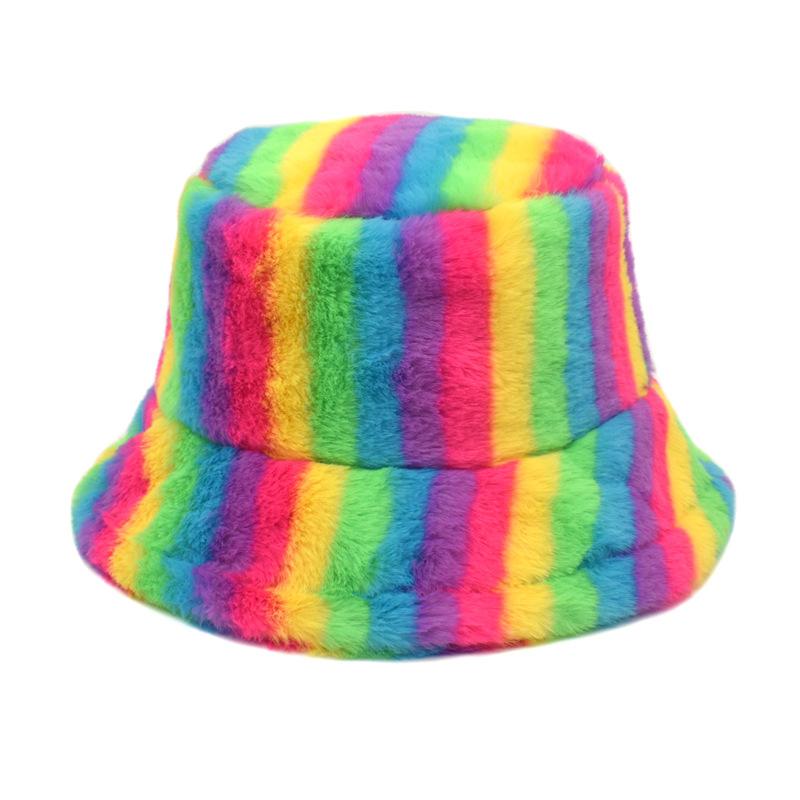 Unisex Bucket Hat Striped Women Men Fishing Fisherman Hat Autumn Winter Faux Fur Wool Outdoor Warm Panama Cap