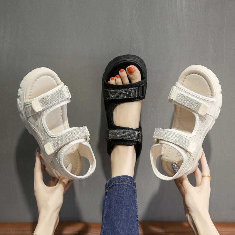 Rhinestone platform casual sports sandals women's outer wear 2025 new summer Velcro soft-soled Roman beach shoes