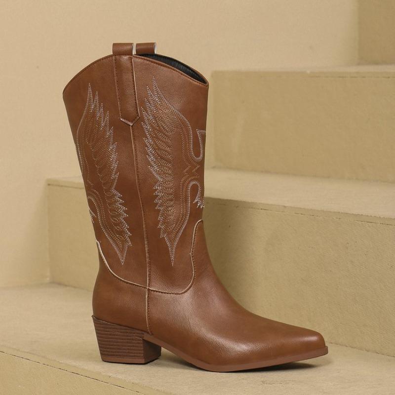 Fashion High-quality Fashion Women's Boots Pointy Women's Mid-calf Boots with Sleeves Embroidered Western Cowboy Boots Botas Para Mujer