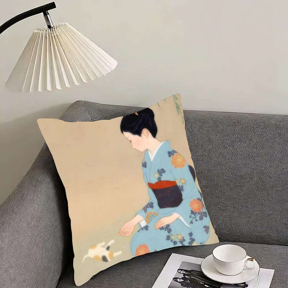 Kimono Girl Japanese Style Cushion Cover Pillowcase Ultra Soft Skin Friendly Fabric Cloud Like Comfort Concealed Zipper