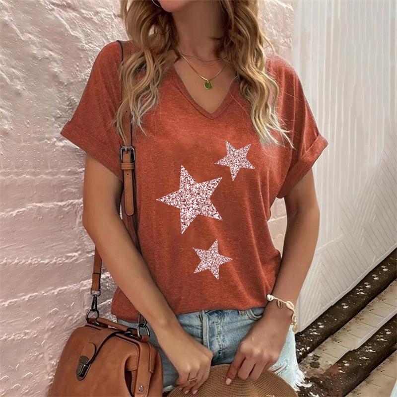 Fashion V-neck Women's T-Shirts Funny Five-Pointed Star Printed T Shirt For Women Summer Hot Sale Short Sleeve Casual Loose Tops
