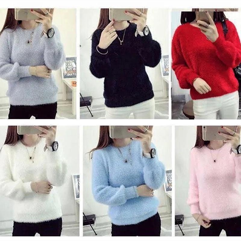 Winter Imitieren Nerz Wolle Fleecing Weibliche Oansatz Lange Puff Sleeve Elastische Beiläufige Pullover Frauen Gestrickte Tops Pullover Solide
