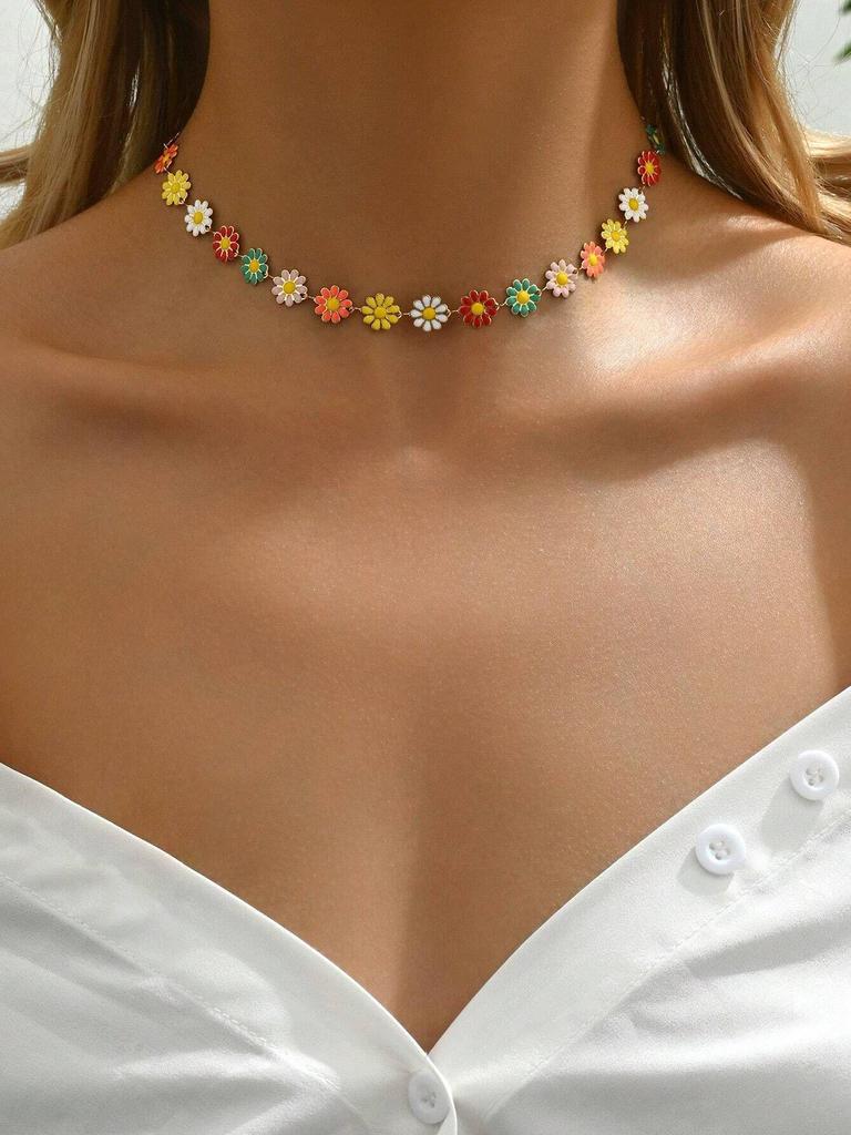 Kolorowy naszyjnik Dopamine Daisy - uniwersalny, świeży kwiatowy łańcuszek na obojczyk dla kobiet