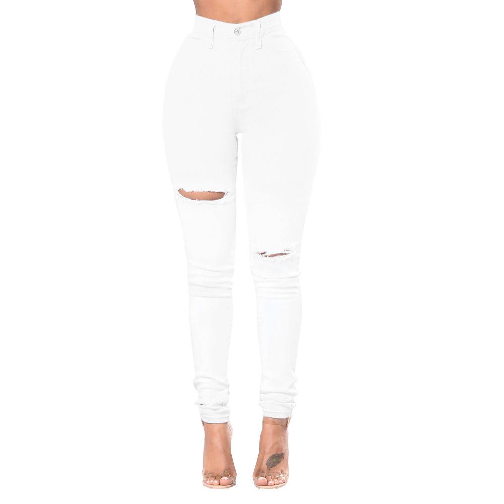 2026 Spring Plus Size High Waist Ripped Jeans - Solid Color Women s Pants S