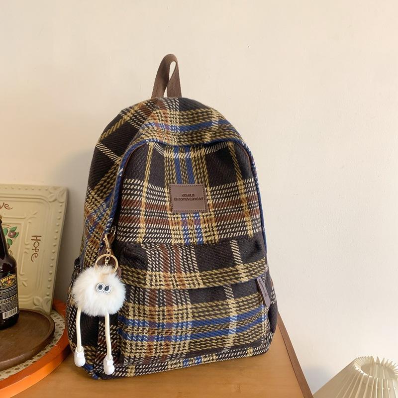 Schultaschen-Rucksack für Damen, wollener Herbst/Winter neuer Mittelschulrucksack, einfacher karierter Reiserucksack, Schulranzen im College-Stil