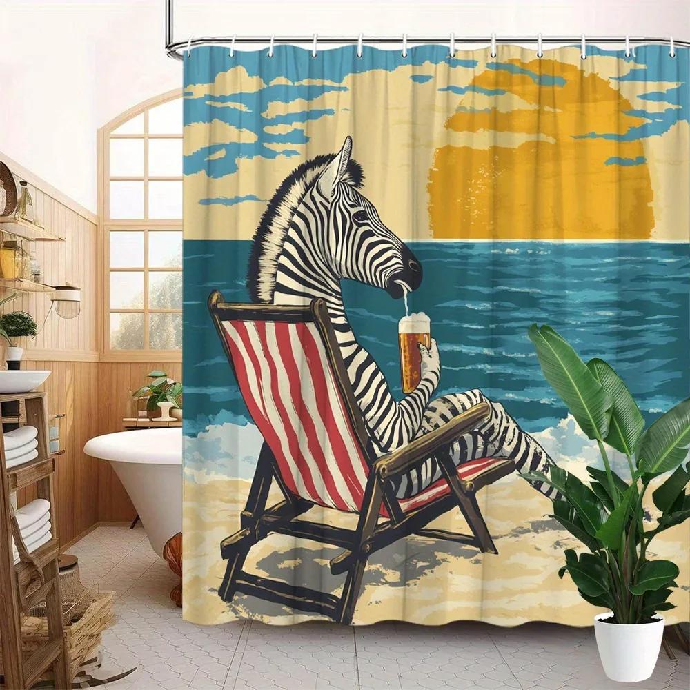 

1Pc Zebra Beach Chair Shower Curtain - Vintage Style, Playful Human-Like Zebra Sitting On Striped Beach Chair, Polyester Home W60H190(CM)-1 Pcs