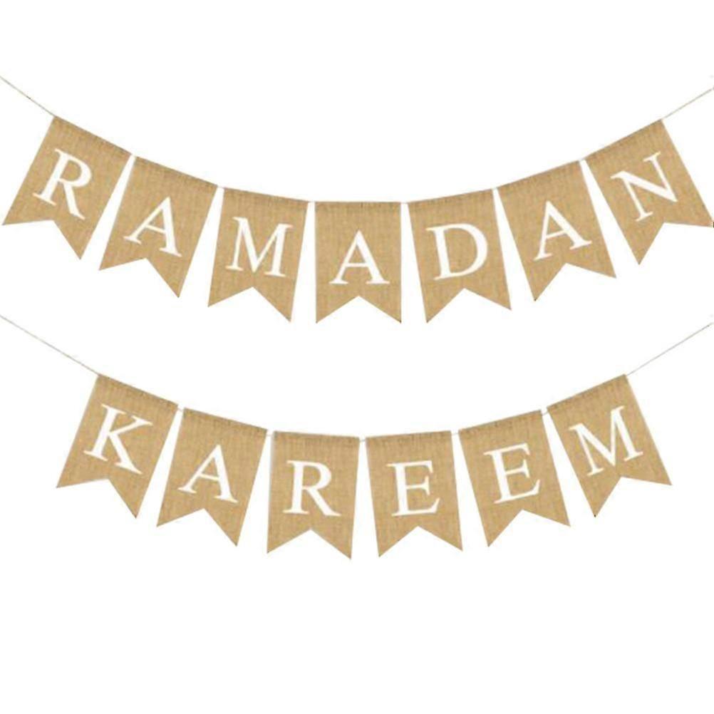 Eid Mubarak Banner Ramadan Burlap Banner Muslim Eid Bunting Pull Flag Party Decoration Supplies Khaki 200 X 13 X 17 Cm Wall Hanging 1Pcs